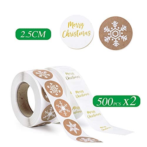 BHGT 1000PCS Merry Christmas Stickers Autocollants d'Étiquette Emballage 4 Style Flocon de Neige Self-Adhesive Label DIY Artisanat Déco pour Mariage Cadeau ou Enveloppe 2 Rouleau