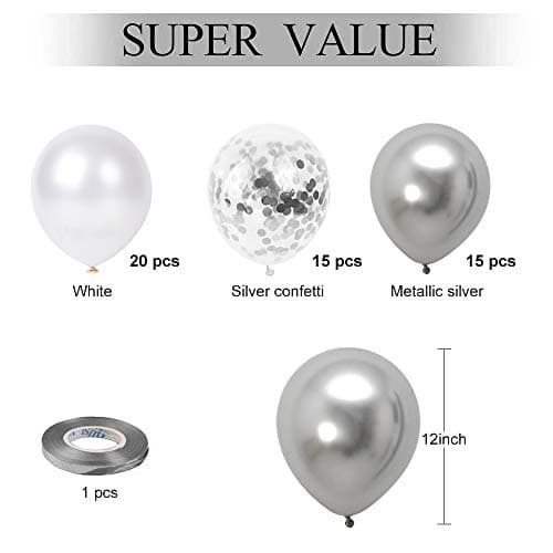 Ballon Blanc et Argent, 50 pièces 12 pouces Argent Confettis Ballons de Fête en Métal Chromé Argenté avec Ruban Argenté pour Décorations de Douche de bébé d'Anniversaire de Mariage
