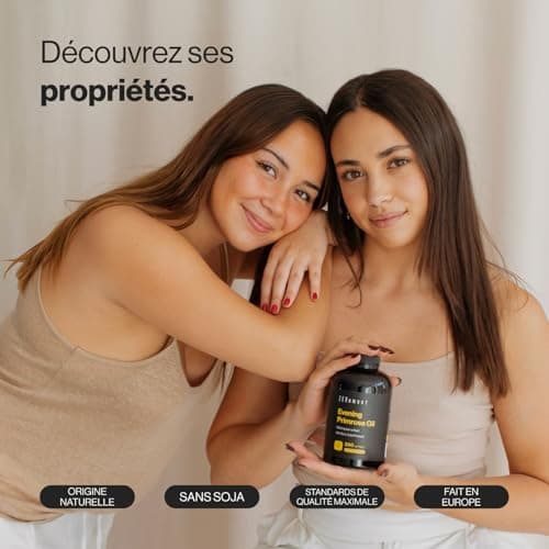 Huile d'Onagre Pressée À Froid, 1000mg Huile Onagre par gélule | 200 Gélules, 10% GLA et Vitamine E | Complément Alimentaire Peau, Cheveux, Ongles & Spécial Bien-Être Femme | Zenement