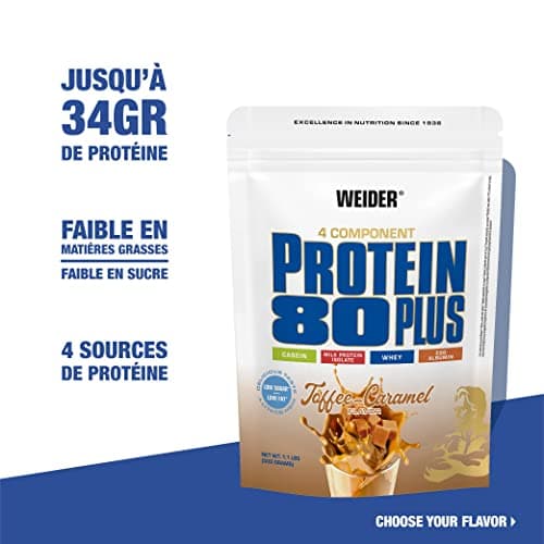 Weider Protein 80 Plus protéine en poudre, Toffee-Caramel, faible teneur en glucides, mélange de lactosérum de caséine multi-composants pour shakes protéinés, 500 g