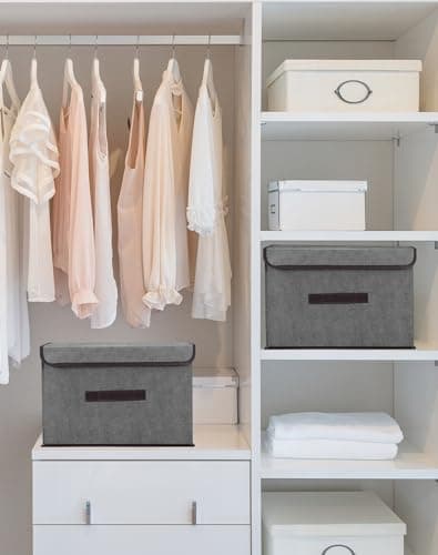 QWORK® Lot de 2 boîtes de rangement pliables avec couvercles, caisse de rangement pliable en tissu, 36 x 23 x 24 cm, gris, pour vêtements, jouets et organisation de garde-robe