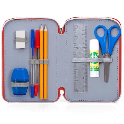 Clondo Trousse Triple Remplie Enfant, pour Spiderman Fan, 45 Accessoires Scolaires, 3 Fermetures Éclair, Compartiments Organisés, Crayons de Couleur, Feutres, Colle, Ciseaux