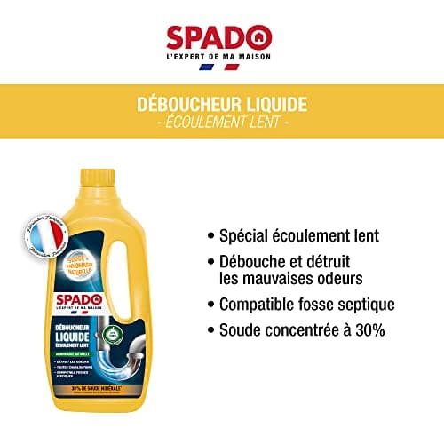SPADO - Déboucheur liquide - Ecoulement lent - Détruit les odeurs - compatible fosse septique - action dès 15min - soude minérale concentrée 30% - 1 L - Fabriqué en France
