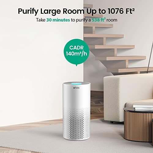 Afloia Purificateur d'Air, 3 Modes, Timer 2/4/8h, 22dB Mode Veille, 7 Couleurs Lumières, peut Filtrer 99,99% de la Poussière, du Pollen, de la Fumée, des Odeurs, CADR 130m3/h