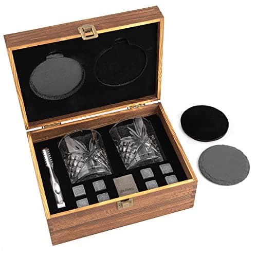 GOURMEO Coffret Pierre à Whiskey en Basalt en Lot de 8 + 2 Verre + 2 sous Verre + 1 Pince en Acier Inoxydable