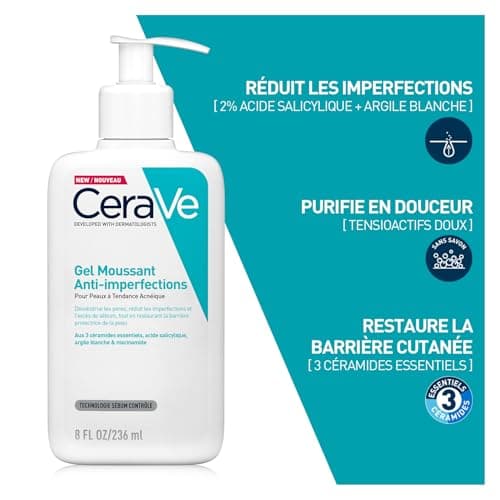 CeraVe - Gel Moussant Anti-Imperfections - Purifie la Peau & Réduit les Imperfections - Acide Salicylique, Argile Blanche, Céramides & Niacinamide - Peau à Tendance Acnéique - 236 ml