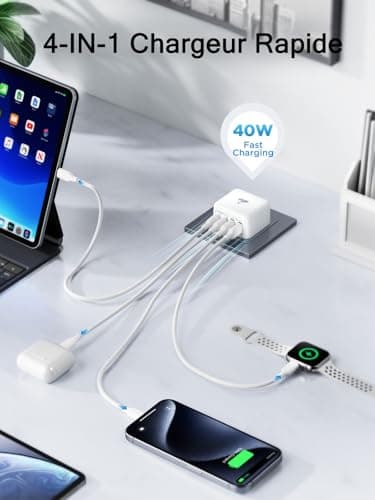 Chargeur USB C, 40W 4 Port Prise USBC Chargeur Rapide Multi Secteur Double Port PD+QC Type C Adaptateur pour Phone 16 15 14 13 12 11 Pro Max X XS XR 8 7 6S Plus Mini SE, iPad, Samsung Galaxy