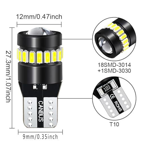 YOUNLEN 4Pieces Ampoule LED W5W T10 194 6500K(Blanc),Ampoule T10 LED,Canbus Sans Erreur,12V 1.5W,18SMD 3014|1SMD 3030 Puces,éClairage IntéRieur De Voiture,Plafonnier,Conception Blanc Non Polaire