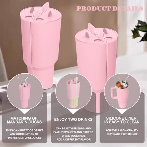 TOEECY Stanley Cup Accessoires 2 en 1 avec doublure en Silicone Intérieur Séparateur Réutilisable Paille Insérable pour Gobelet 40 oz (Rose)
