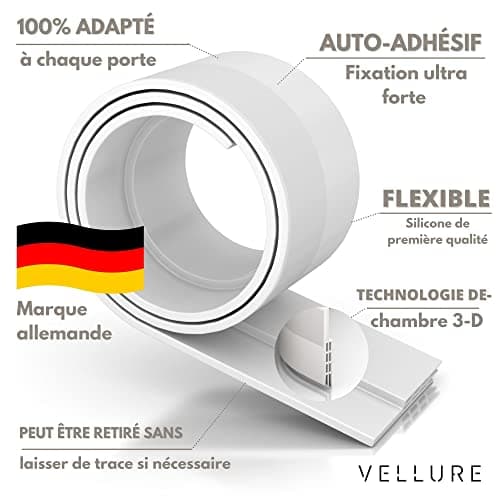 Vellure® Bas de porte anti-courant d'air & étanchéité porte - NOUVEAU bas de porte isolant (rapide à installer), idéal pour l'isolation contre le froid, le bruit & l'humidité (1 x blanc)