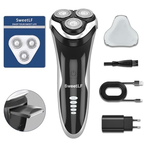 SweetLF [2024 New] Rasoir Electrique Hommes Wet & Dry (Plus 3 Lames+1 Chargeur Rapide) avec 4D Têtes Rotatives, Rasoir Rechargeable avec Ecran LED, Rasage IPX7 Etanche + Tondeuse Barbe - Noir