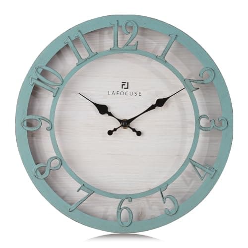 Lafocuse 30cm Horloge Murale Chiffres 3D Vintage, Silencieuse Pendule Murale Rustique Retro, Vert Shabby Chic Déco sans Tictac pour Salon Cuisine Chambre Bureau