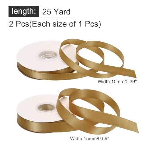 QUARKZMAN Ruban Satin de 50 Yards/150 Pieds pour Emballage Cadeau 1 cm et 1,5 cm Ruban Gros-Grain pour Saint-Valentin pour Gâteau de Fête, Bouquet de Fleurs, Doré (25 Yards/Chaque Rouleau)