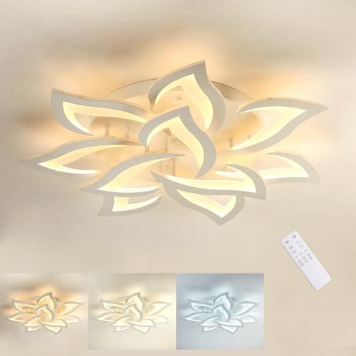 Plafonnier LED Petale, Plafonnier Salon Dimmable 3000k-6000K (10 Petales) | Luminaire Plafonnier avec Télécommande, Lustre Chambre Design de Creative Petal 60W, Aluminium+Acrylique , Diamètre 85CM