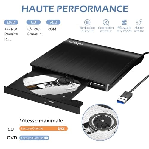Cocopa Lecteur CD/DVD Externe pour PC, USB 3.0 Graveur Enregistreur Portable RW/ROM Mince Transmission Rapide Câble USB Intégrée Windows/Mac OS Apple/iMac/Macbook/Laptop/Desktops/PC Noi