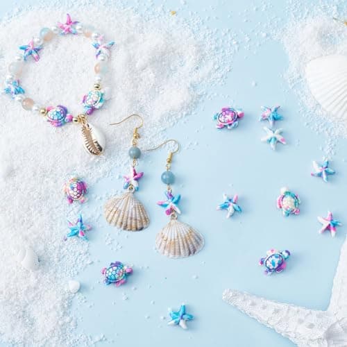 SUNNYCLUE 100 pièce de 2 styles de Perles Turquoise Violettes, Tortue, Étoile de Mer, Été, Océan, Animaux Marins, Vie Marine, Pierres Précieuses Porte-Bonheur, Perles D'Espacement en Vrac pour la Fabr
