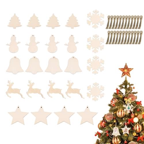 JCUGSBS Lot de 24 décorations de Noël en bois DIY Décoration de Noël en bois Décoration de Noël Sock Bonhomme de neige élan Arbre de Noël Ange à peindre et décorer
