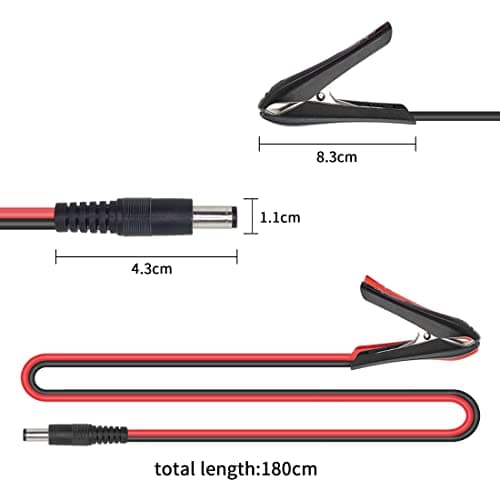 YACSEJAO Câble d'alimentation DC à pinces crocodiles pour batterie DC 5,5 2,1 mm mâle vers pinces de batterie 12-24 V pour chargeur de voiture pour accessoires automobiles (1,8 m)