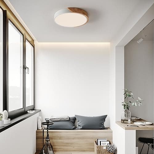 LuFun Plafonnier LED, Plafonnier Salon 24W Dimmable, Plafonniers Modernes Rond en Bois, Luminaire Plafonnier pour Salon Cuisine Chambre Salle à manger Couloir Balcon, Ø30cm*5cm, Blanc