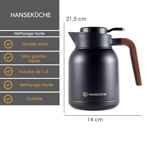 Thermos Hanseküche (1,5L) en acier inoxydable 304 de haute qualité - thermos, cafetière avec aspect bois élégant (noir)