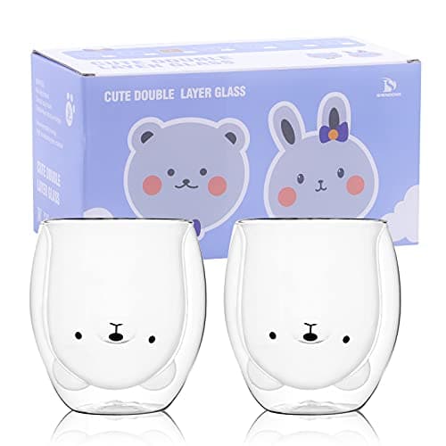 SHENDONG Ensemble de 2 Tasses Ours Mignon Ours Mignon de Tasses Thé Café Tasse Tasse à Lait Tasses à Expresso en Verre isolé à Double paroi en Verre Cadeau pour Anniversaire Personnel Saint Valentin