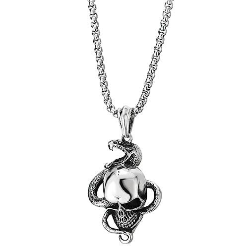 COOLSTEELANDBEYOND Collier Pendentif en Acier pour Homme de Style Punk Rock avec Tête de Serpent et Crâne, Chaîne de Blé de 76 Cm