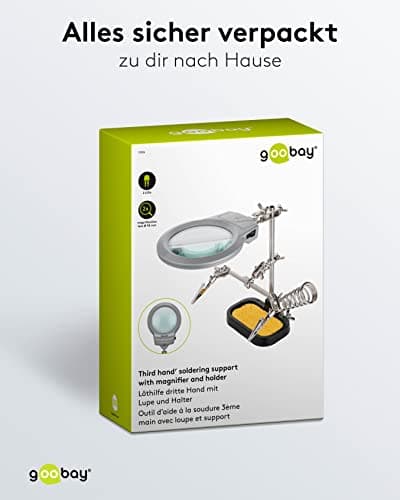 goobay 51226 Troisième main à souder avec loupe et support de fer à souder / l'aide idéale pour tous les travaux de soudure délicats / Ajustable avec Pinces Crocodiles / noir