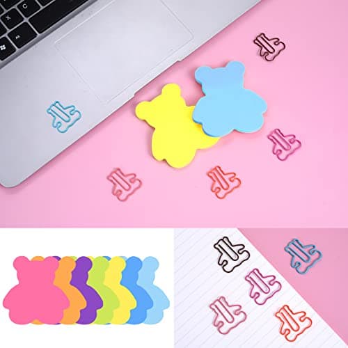 Molain Mignon Animal Notes Autocollantes avec Trombones, Dessin Animé Ours Autocollant Notes Index Onglets Animaux Forme Marqueurs Drapeaux Bloc-Notes 7 Pack 210 Feuilles