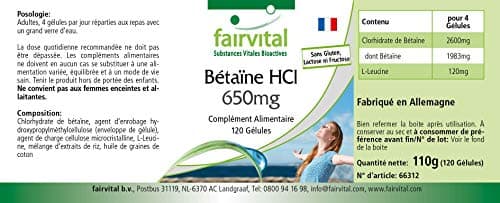 Fairvital | Betaine HCL 650mg - dose élevée - VEGAN - 120 capsules - chlorhydrate de bétaïne