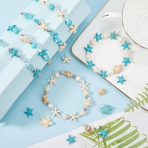 SUNNYCLUE 1 boîte 6 ensembles de Kits de Fabrication de Bracelets D'Été, Étoile de Mer, Tortue de Mer, Perles D'Animaux de L'Océan, Perles Turquoise Porte-Bonheur, Pierres Précieuses en Vrac, Breloque