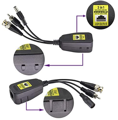 AAOTOKK BNC à RJ45 Émetteur-Récepteur DC Power Passive Audio Video Balun HD-CVI/TVI/AHD/CVBS avec Prise DC pour 720P-1080P 3MP 4MP 5MP 8MP CCTV Security DVR Système Caméra Surveillance (19cm/4Paires)
