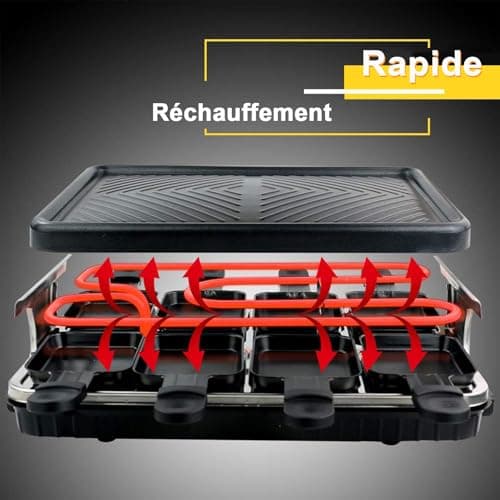 Appareil à Raclette per 8 Persone Grill Électrique de Table Plaque de Cuisson Portatile Grillles Barbecue Machine con 8 Mini Poëlons e 4 Spatole in Legno Plancha Grille Paques Electrique 1300W
