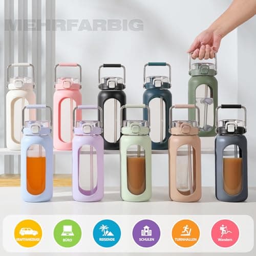 HYDRAGLAZIC 2L Verre Gourde avec paille et marqueur de temps Motivationnel Bouteille avec manchon en silicone Large bouche Borosilicate Cruche d'eau Sans BPA Anti-fuite, Noir