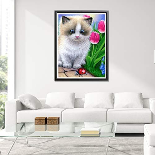 Showker 5D Kit Complet de Broderie Diamant Chat Fleur - Peinture Diamant Animaux Plantes Rond Point de Croix - Décoration Murale pour Chambre, DIY Diamond Painting Maison 30x40cm