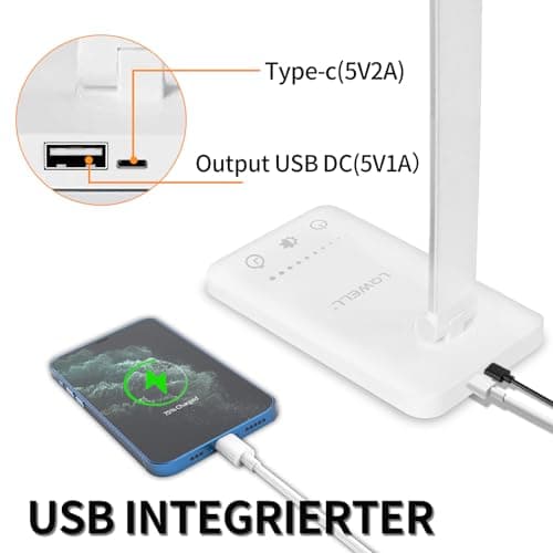 LQWELL® Lampe de Bureau LED À IntensitÉ Variable, 5 Couleurs, 10 Niveaux de LuminositÉ, Lampe de Chevet Respectueuse des Yeux, Chargement USB, Contrôle Tactile Et Fonction MÉMoire Pour Le Bureau