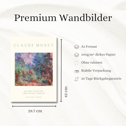 ZoeyAustin® Lot de 3 posters d'art double face - Format A3 (30 cm x 42 cm) - Élégant poster mural - 6 images murales - Images recto-verso (Monet, sans cadre - DIN A3)