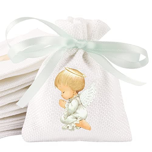 BETESSIN 24pcs Sachet Cadeau Dragée Jute Pochette Communion Baptême 8x10cm Toile Chanvre Confirmation Sac Poche Bijoux Bonbon Chocolat Perle Faveur Décoration Fête Communion