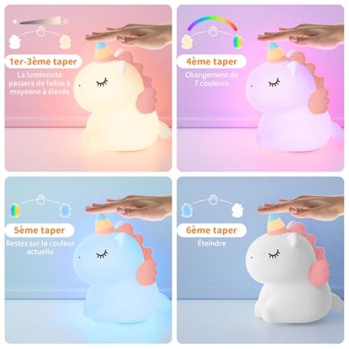 YISSVIC Veilleuse Bébé Enfant Rechargeable 7 Couleurs LED 3 Niveau Luminosité Veilleuse Licorne Filles Tactile Silicone Cadeau Nouveau-Né