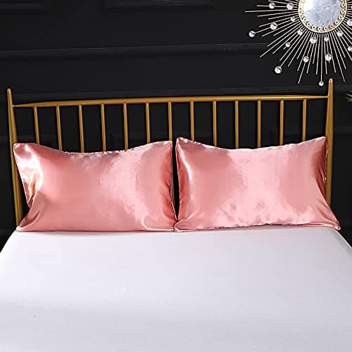 Ensemble 4 Pièces de Draps de Lit en Satin Couleur Unie 1 x Drap Housse 180x200 cm 2 Personnes avec Grand Bonnet de 35 cm, 1 x Drap Plat et 2 x Taie d'oreiller, Corail