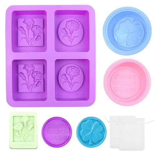 3 Moule à Savon En Silicone, Œillet Moule Rectangulaire Silicone, Antiadhésif Moule à Rond Savon Réutilisable, 4 Cavités Moule à Savon Carré pour Bougies Gâteaux Fait Maison Artisanat