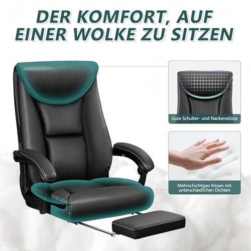 DoChair Fauteuil de Direction Chaise de Bureau Large siège de Bureau Ergonomique Dossier Haut 150KG avec Repose-Pieds Office Chair en Cuir PU, Noir