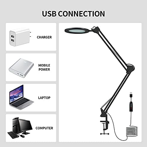 Beyamz - lampe loupe/lampe de travail/avec verre véritable 105 mm 5 dioptries/éclairage tricolore à intensité variable / 750 lm par 72 LED/rayon de travail 90 cm/connexion USB