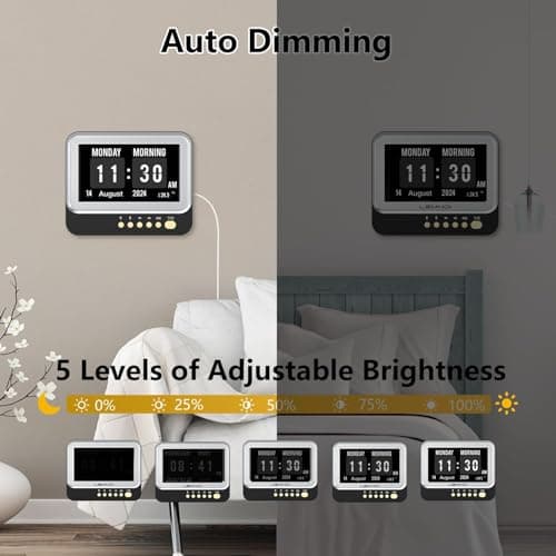 LEMNOI 7 Pouces Horloge Numérique,Calendrier Electronique avec Jour Date Heure, Pendule Murale Alzheimer avec Température,15 Alarmes&Rappels de médicaments,Automatique de L’Heure D’été (Noir)
