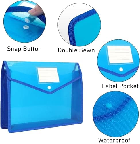 9 Pièces A4 Classeur en Plastique, Pochette Plastique Pochette Document Plastique A4 Enveloppe Transparente Chemise à Bouton Pression pour Fournitures Bureaux Voyage