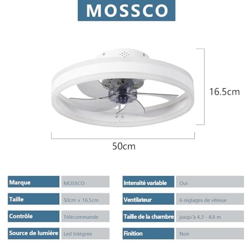 MOSSCO Silencieux Ventilateur Plafond 50 cm, Ventilateur de Plafond avec Telecommande, 6 Vitesses et vent Réversible,LED Dimmable, 3 Températures de Couleur en Option