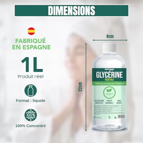 PLANTAWA Glycérine Végétale 1L | Glycérine Liquide Pour Faire Du Savon, Haute Pureté, Hydratant Naturel Cheveux et Peau, Sans Parfum Idéal Savons, Shampooings, Crèmes, Qualité Pharmaceutique