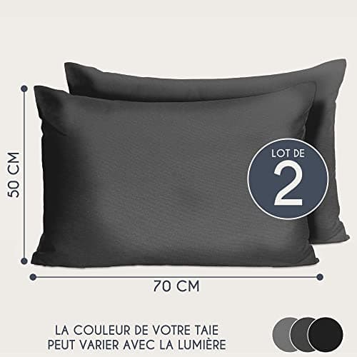 Taie Oreiller 50x70 Coton Renforcé (Set de 2) - Anthracite - Tissage serré de 57 Fils/cm2 - Taie Oreiller 50 x 70 cm- Certifié Oeko Tex