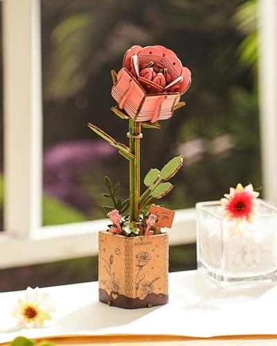 ROWOOD Puzzle 3D, Fleur en Bois, kit de modélisation de Fleurs artificielles à Assembler pour Adultes (Pink Rose)