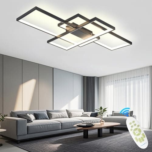 Plafonnier LED, Luminaire Salon, dimmable avec télécommande 3000K-6000K, nouveau design irrégulier lampe rectangulaire en métal acrylique cuisine lampes de décoration de chambre,Noir,90*50CM/80W