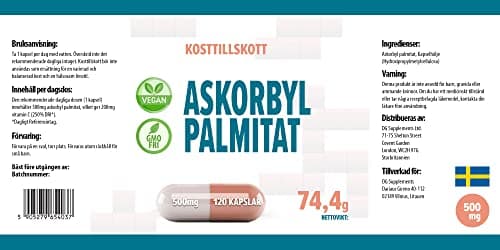 Palmitate d'ascorbyle 500mg 120 gélules végétaliennes, très puissantes, sans agents de remplissage ou de charge, sans OGM